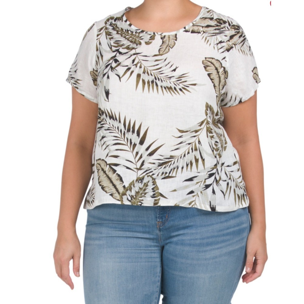 C & C California 100% Linen Tropical Neutral Top Shirt Plus Size 1X New NWT